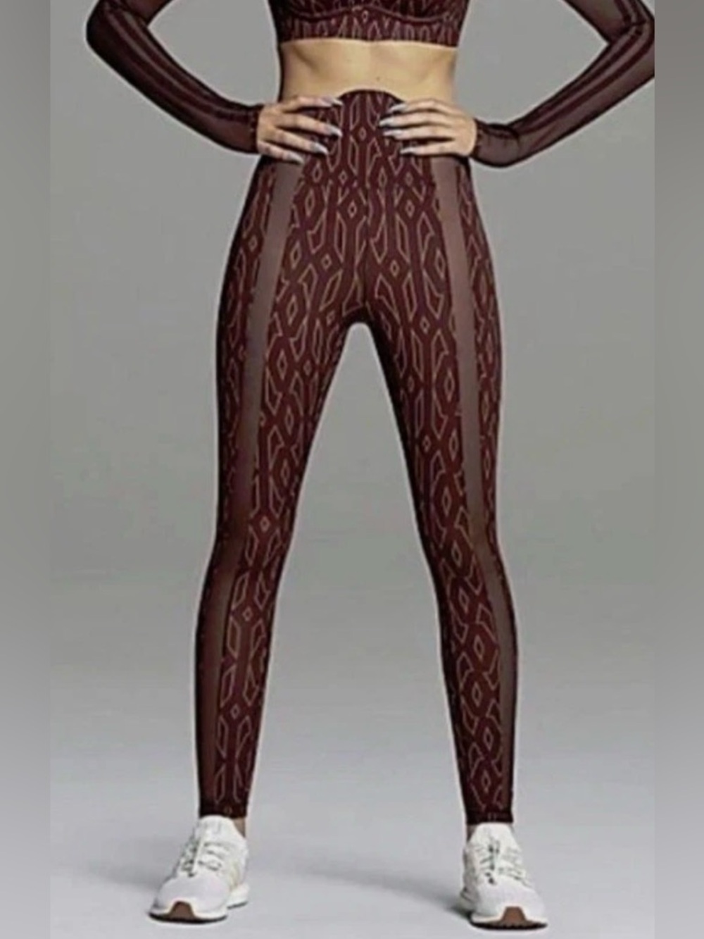 Adidas x Ivy Park Monogram Sheer Panel Tights in Wild Brown/Night Red.
